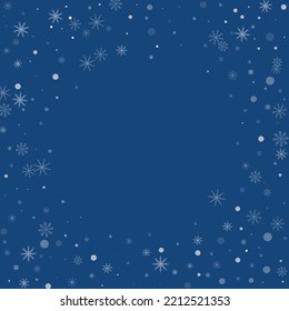 Delicados copos blancos de nieve a cielo abierto. Nieve, nevada. Cayendo copos de nieve azules dispersos en un fondo azul. Vector