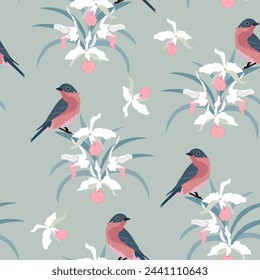 Delicate orchids and birds. Summer seamless vector illustration. To decorate textiles, packaging.