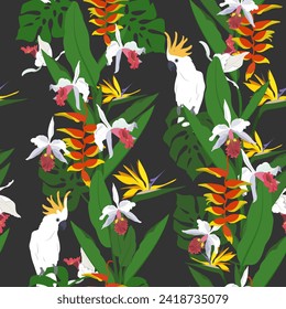 Delicate orchids, strelitzia and white parrots on a black background. Seamless vector illustration. For decoration textile, packaging, wallpaper.
