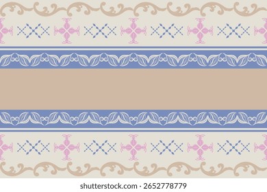 Delicado Oriental Art Nouveau Geometric Scroll Ornament Royal Folk Frame Handicraft Style. Fada Medieval Classic Blue Brown Pink Gold em fundo bege claro. Belas Florais Barroco Borda Padrão.