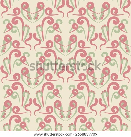 Delicate ornament pattern showcases swirling floral motifs in soft pink and green tones, perfect for textile design, wallpaper, and creative endeavors in any setting
