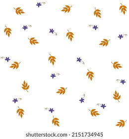 Delicate ornament with small purple flowers with fallen ash leaves isolated on white background. Natural seamless print for fabric in vector.