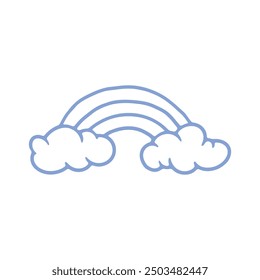 A delicate outline drawing of a rainbow with clouds in soft pastel blue.