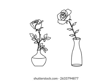 Delicate outlined roses in vases displaying elegant floral arrangement and simple botanical beauty