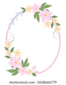 Delicate oval pink frame with flowers isolated on white background. Vector illustration.