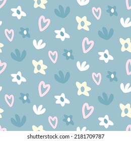 Delicate pale blue background pattern with flowers. Hand drawn plants, hearts for cute seamless fabric print. Floral texture for women's textile. Charming soulful naive childish daisy. Vector doodle.