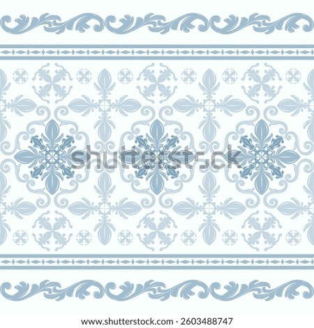 Delicate Pale Blue Seamless Royal Pattern with Detailed Scroll Ornament Floral Victorian Nature Inspired Silk weaves Design for Apparel Flourish Pastel Attire Batik iznik Ceramic Tiles Textiles Fabric