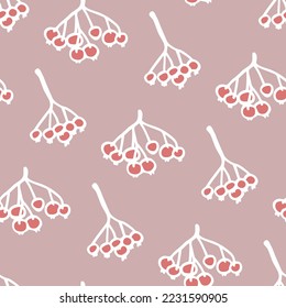 Delicate pale pink textile print with rowan. Seamless pattern with autumn forest berries. Modern delicate fabric reflecting eco-friendly design. Red bunches of rowanberry drawn with white outline.