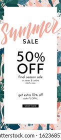 Delicate pale vector summer design with exotic palm leaves and space for text. Sale offer template, banner of flyer background. Tropical backdrop illustration.