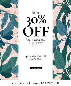 Delicate pale vector summer design with exotic palm leaves and space for text. Sale offer template, banner of flyer background. Tropical backdrop illustration.