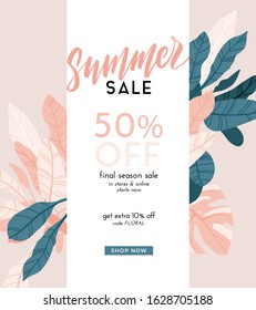 Delicate pale vector summer design with exotic palm leaves and space for text. Sale offer template, banner of flyer background. Tropical backdrop illustration.