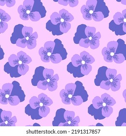 Delicate pansy flowers for feminine background wallpaper. Charming lilac floral seamless pattern for girly textile. Beautiful botanical bloom print for trendy women's dress fabrics. Romantic design.