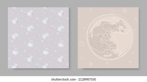 Delicate pastel abstract minimalistic hand-drawn children's background with clouds and moon, for wallpapers, scrapbooking, postcards, textiles, clothes. In shades of coffee, lilac and gray.