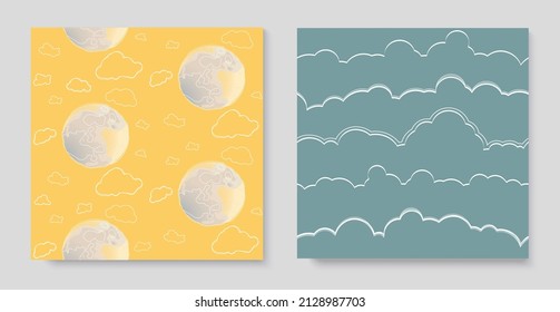 Feine, pastellfarbene, abstrakte, minimalistische, handgezeichnete Kinderhintergrund mit Wolken und Mond, für Wallpaper, Scrapbooking, Postkarten, Textilien, Kleidung. In den Farben Gelb, Blau und Wasser.