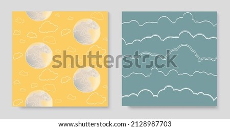 Delicate pastel abstract minimalistic hand-drawn children's background with clouds and moon, for wallpapers, scrapbooking, postcards, textiles, clothes. In shades of yellow, blue and aqua.