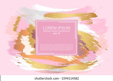Delicate pastel background. Abstract brush strokes of paint with a gold frame. Luxury background and frame for wedding and beauty salon.