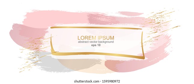 Delicate pastel background. Abstract brush strokes of paint with a gold frame. Luxury background and frame for wedding and beauty salon.