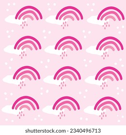 Delicate pastel background with a pink rainbow and a white cloud. Cute baby pattern.
