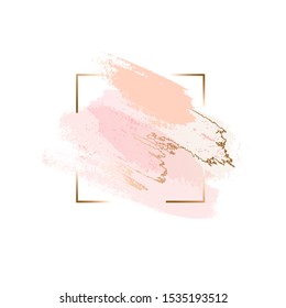 Delicate pastel brush strokes in a thin golden frame. Vector design template for banner, card, cover, web, poster.
