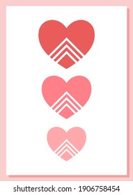 Delicate pastel card with heart. White pink gift card for Valentine's Day. Pink and red hearts with geometric ornament. Creative gift for a loved one. Creative cute minimalist postcard. Original gift.