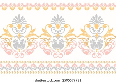 Delicate pastel damask pattern with floral and ornamental elements on a white background. Ideal for wedding invitations, stationery, or feminine design projects. Soft, romantic vintage style.