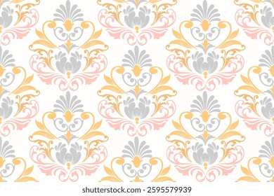 Delicate pastel damask pattern with floral and ornamental elements on a white background. Ideal for wedding invitations, stationery, or feminine design projects. Soft, romantic vintage style.