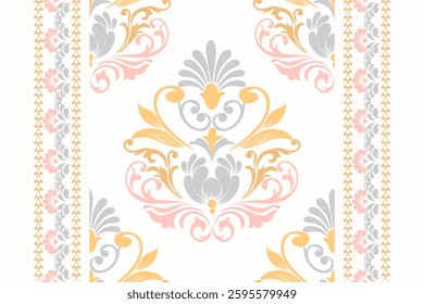 Delicate pastel damask pattern with floral and ornamental elements on a white background. Ideal for wedding invitations, stationery, or feminine design projects. Soft, romantic vintage style.