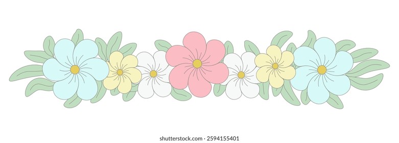 Delicate pastel flowers neatly arranged in a row, isolated on a transparent background. Wreath of pastel flowers with soft colors and delicate leaves. Hand-drawn spring or Easter divider. Vector