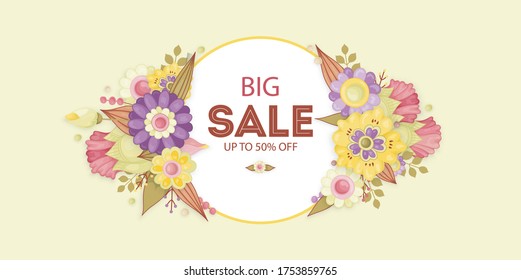 Delicate pastel flowers pink, yellow, purple. Templates can be used as floral frames for invitations, cards, stickers, discount cards, sales, for printing on paper and fabric.