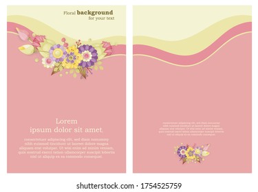Delicate pastel flowers pink, yellow, purple. Templates can be used as floral frames for invitations, cards, stickers, discount cards, sales, for printing on paper and fabric.
