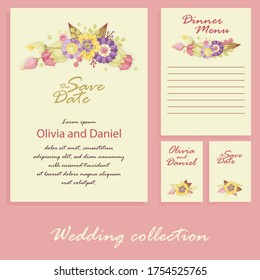 Delicate pastel flowers pink, yellow, purple. Templates can be used as floral frames for invitations, cards, stickers, discount cards, sales, for printing on paper and fabric.