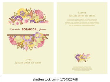 Delicate pastel flowers pink, yellow, purple. Templates can be used as floral frames for invitations, cards, stickers, discount cards, sales, for printing on paper and fabric.