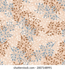 Delicate pastel leaf branches  in simple scandinavian style, seamless pattern. Isolated silhouette of leaves on  pale pink background. Vector design for wallpapers, covers, textiles, clothing, fabrics