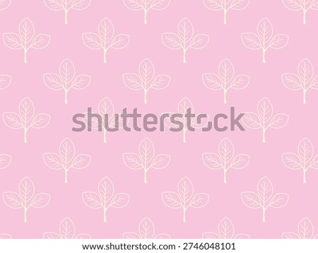 Delicate pastel pink background adorned with a repeating pattern of minimalist, light creamcolored leaf sprigs.