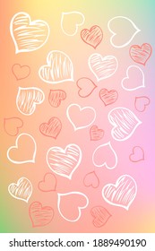 Delicate pastel pink green background with hearts of hand drawing. Love concept for valentine's day. Vector illustration for design cover, banner, web, poster.