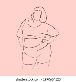 Delicate pastel pink linear doodle illustration girl and big fat figure lose weight diet body positive fitness