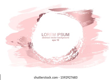 Delicate pastel rose gold background. Abstract brush strokes of paint with a gold frame. Luxury background and frame for wedding and beauty salon.