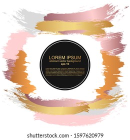 Delicate pastel rose gold background. Abstract brush strokes of paint with a gold frame. Luxury background and frame for wedding and beauty salon.