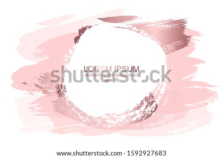 Delicate pastel rose gold background. Abstract brush strokes of paint with a gold frame. Luxury background and frame for wedding and beauty salon.