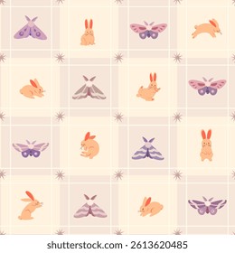 A delicate, pastel seamless cage pattern with cute rabbits and charm butterflies and small stars. Perfect for tablecloths, baby textiles, packaging, wrapping, children's wallpaper