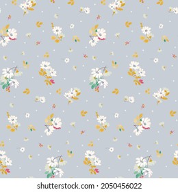 Delicate pastel seamless pattern in light colors with small, tiny flower bouquets and polka dots.