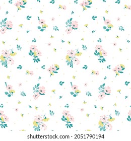 Delicate pastel seamless pattern in light colors with small, tiny flower bouquets and polka dots.