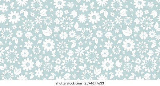 Delicate pastel seamless pattern white silhouette flowers. Romantic floral background. Cozy print for textile, paper, design, packaging, fabric, wallpaper. Vector graphics