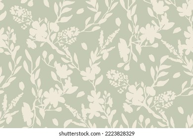 Delicate pastel silhouette of leaves and flowers seamless pattern