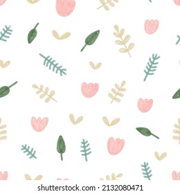 Delicate pastel vector pattern on a white background in Scandinavian style. Cute children's watercolor doodles, twigs, leaves, flowers. Print for kids, textiles, decor, postcards, wrappers, interior