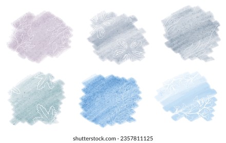 Delicate pastel watercolor spots for a background of different colors in blue tones with white subtle floral additions in the form of flowers and leaves. Vector image.