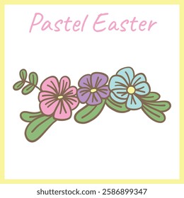 A delicate pastel-colored floral arrangement featuring pink, purple, and blue flowers with green leaves, drawn in a whimsical hand-drawn style perfect for Easter and spring