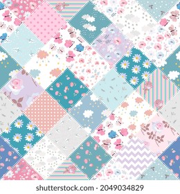 Delicate patchwork ornament of patches decorated with fluttering butterflies, flowers, polka dots, stripes, stars and clouds. A sample of seamless fabric for a child.