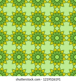 Delicate pattern with abstract decorative bright flowers in green and yellow hues on the dark background, seamless vector as a fabric texture