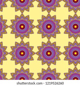 Delicate pattern with abstract decorative flowers in violet and yellow hues on the pale background, seamless vector as a fabric texture